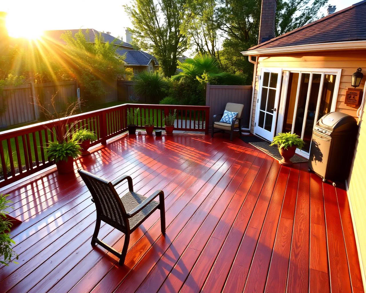 Beautifully restored backyard deck at golden hour
